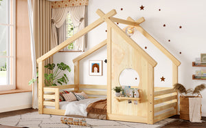 English Elm Twin House Floor Bed with Window & Shelf, Solid Wood Pitched Roof Design for Safe Cozy Sleep Natural W1580P362691