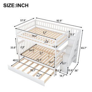 English Elm Full Full-over-Full Bunk Bed with Trundle & Staircase Storage, Solid Pine, Convertible to 3 Beds, Safe Guardrails White GX000402AAK-1
