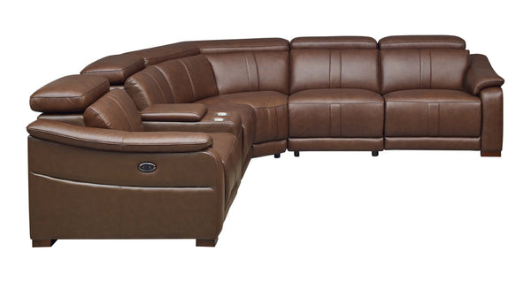 English Elm Leather Match Power Reclining Sectional with Storage Console and Adjustable Headrests Dark Brown B2748S00037