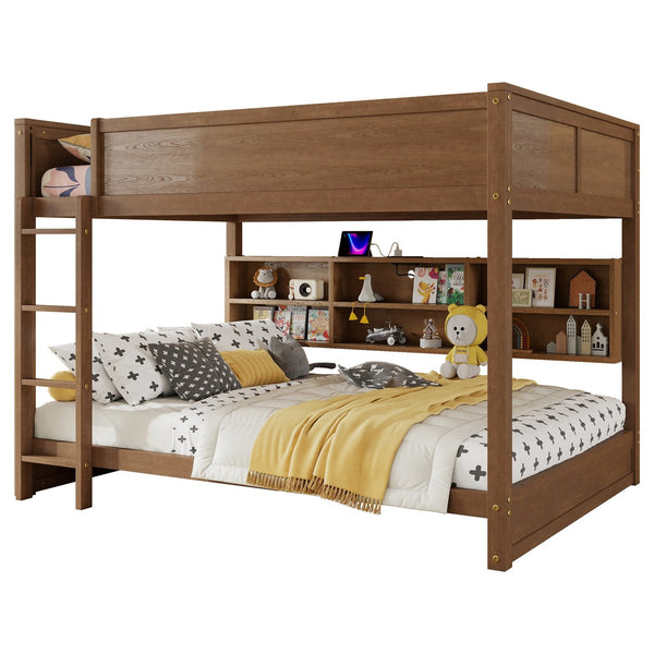 English Elm Queen Over Queen Floor Bunk Bed with Built-In Storage Shelves, USB Charging Station, Solid Pine Frame, Safety Rails and LadderDesigned for Space Saving and Modern Bedrooms Wheat W504S00259