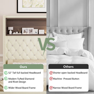 English Elm Full Velvet Wingback Platform Bed Tufted Headboard Shelf Usb Port Rivet Trim N733P368653A
