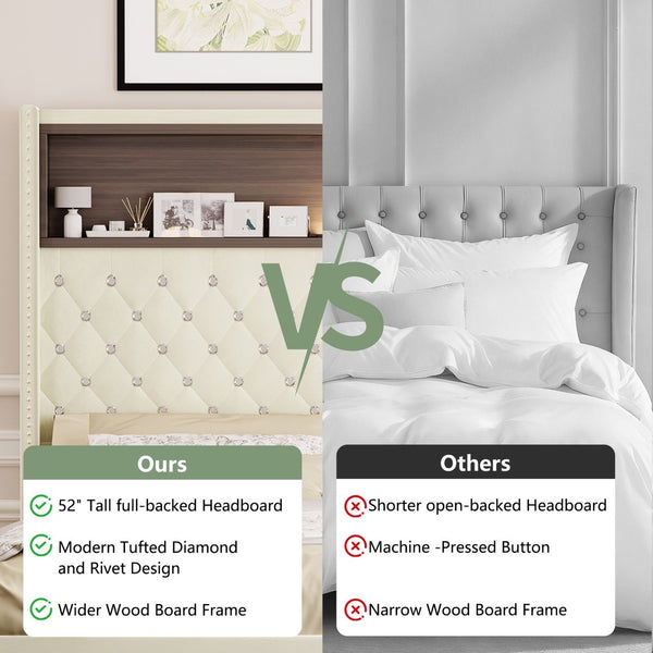 English Elm Full Velvet Wingback Platform Bed Tufted Headboard Shelf Usb Port Rivet Trim N733P368653A
