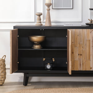 English Elm Modern Wooden 4-Door Cabinet with Textured Geometric Front, Ample Shelves, Sturdy Dark Frame (64.17"L) W2729P198997