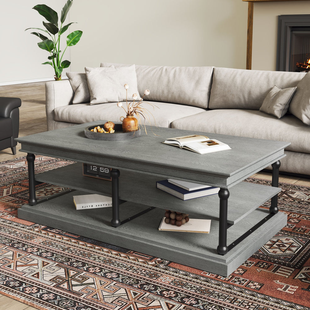 English Elm Christopher Knight Home® - 55.1" Wood Coffee Table with Industrial Black Legs, Two Open Shelves for Storage & Display Modern Elegance Black+ Gray N768P292053G