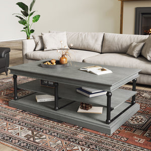 English Elm Christopher Knight Home® - 55.1" Wood Coffee Table with Industrial Black Legs, Two Open Shelves for Storage & Display Modern Elegance Black+ Gray N768P292053G