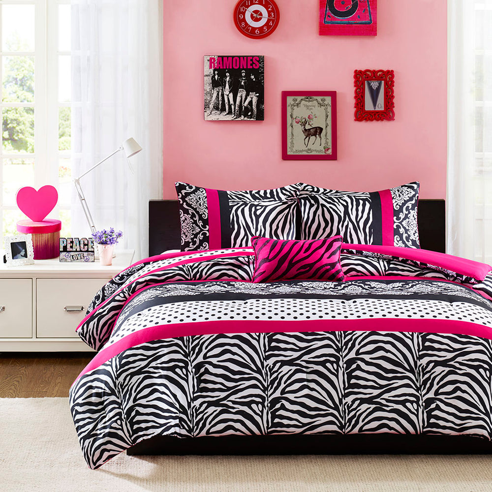 JLA Home Mi Zone - Comforter bold black white and pink damask, zebra and polka dot mix with antimicrobial freshness protection 102 L x 90 W x 1H MZ10-484