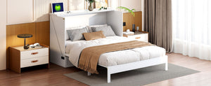English Elm Full Size Murphy Bed Rattan Cabinet with Storage Drawers and Gold Hardware White N708S00009K