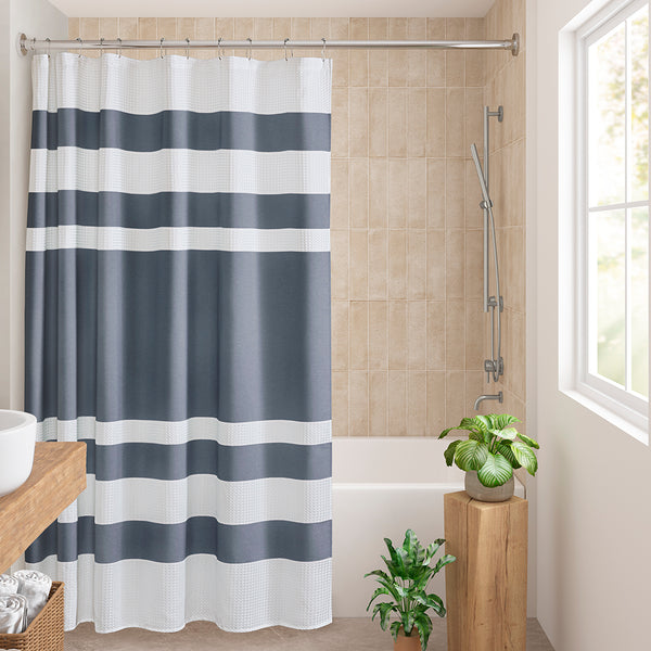 JLA Home Madison Park - Shower Madison Park Spa Waffle Shower Curtain with 3M Scotchgard Water-Repellent, Spa-Inspired Texture Dark Blue MP70-8453