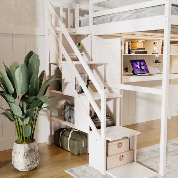 English Elm Full Loft Bed with Integrated Wardrobe Desk Shelving and Led Lighting for Teen Rooms Beige LT000927AAA