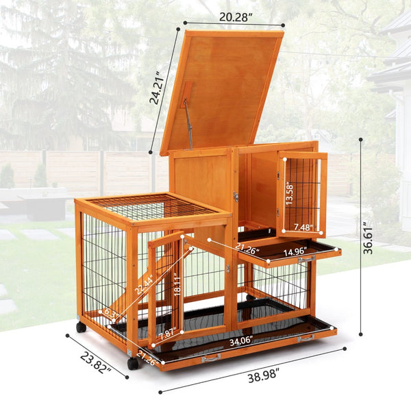 English Elm Detachable Two-tier Pine Rabbit Hutch with Rolling Casters and Removable Waste Trays Orange W2181P190616
