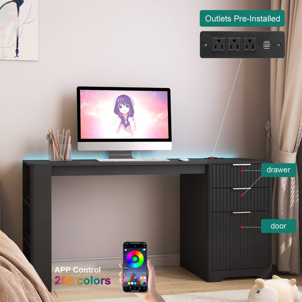 English Elm L Shaped Corner Desk with Led Lighting Bookshelf Drawers and Built in Charging Station W1321P399020