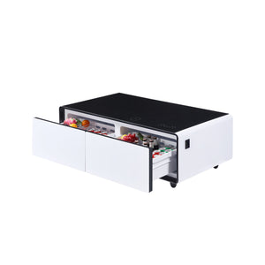 English Elm Modern Smart Coffee Table with Built-in Dual Fridge, Bluetooth Speakers, 15W Wireless Charge, RGB Lights White+Black W1172P320208