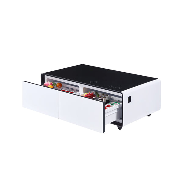 English Elm Modern Smart Coffee Table with Built-in Dual Fridge, Bluetooth Speakers, 15W Wireless Charge, RGB Lights White+Black W1172P320208