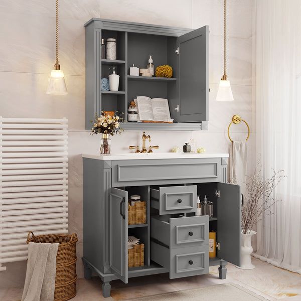 English Elm 36'' Bathroom Vanity with Sink and Mirror Cabinet, Modern MDF & Solid Wood Design, Ceramic Top, Soft-Close Doors Grey SW000115AAE-1