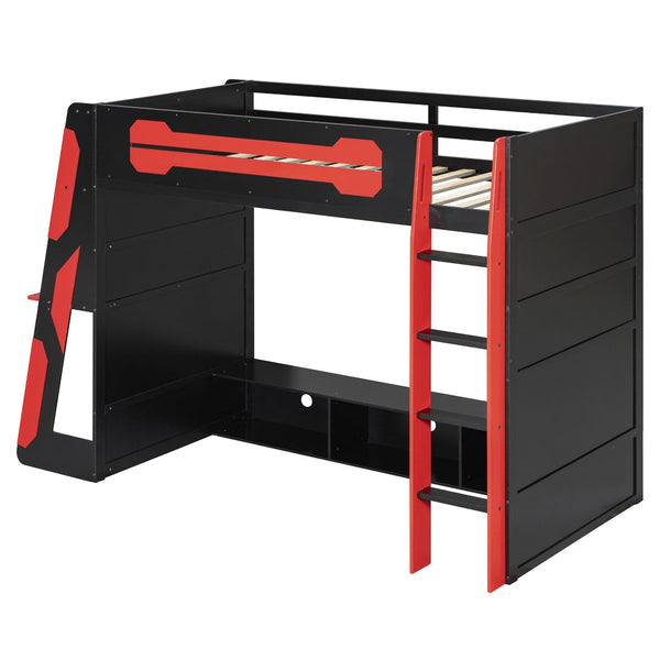 English Elm Twin Gaming Loft Bed with Desk Rgb Lighting and Multi-tier Shelves for Teen Rooms Red LT000160AAR