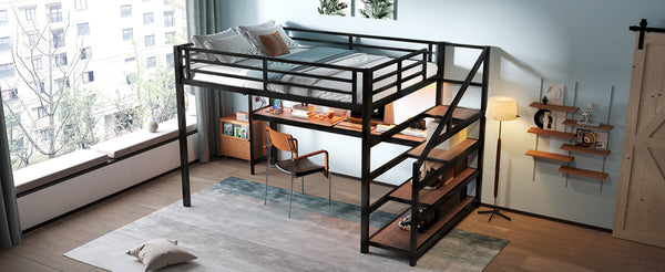 English Elm Queen Loft Bed With Desk, Storage Stairs, Led Lights & Usb Ports – Perfect For Modern Living Spaces! W1580S00477-GIGA