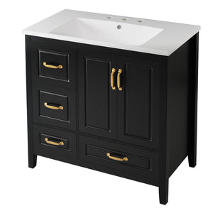 English Elm Christopher Knight Home® - 36" Freestanding Bathroom Vanity with Resin Sink, Soft-Close Doors & Drawers, Gold Alloy Handles, Spacious Storage and Easy Plumbing Access Black N759P292552B