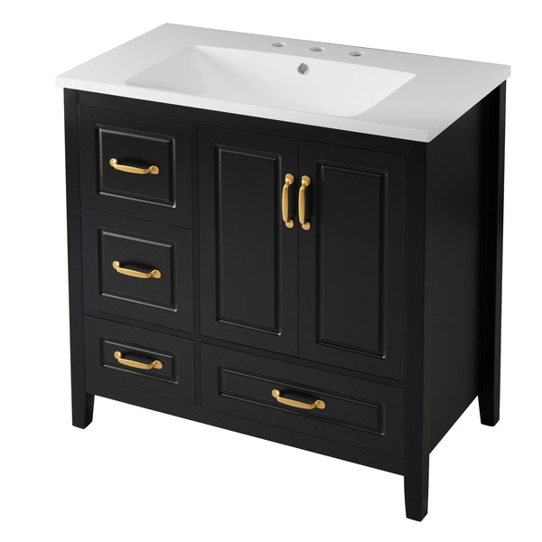 English Elm Christopher Knight Home® - 36" Freestanding Bathroom Vanity with Resin Sink, Soft-Close Doors & Drawers, Gold Alloy Handles, Spacious Storage and Easy Plumbing Access Black N759P292552B