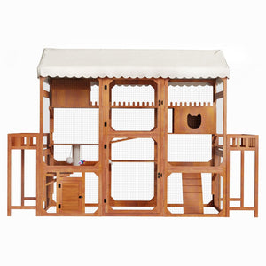 English Elm Large Pine Wood Catio Outdoor Cat Enclosure with Wire Mesh and Dual Plant Stands Brown N704G201617P