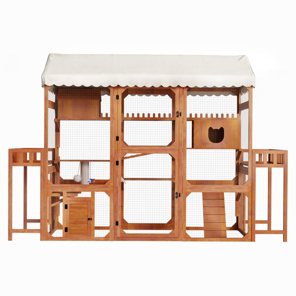 English Elm Large Pine Wood Catio Outdoor Cat Enclosure with Wire Mesh and Dual Plant Stands Brown N704G201617P