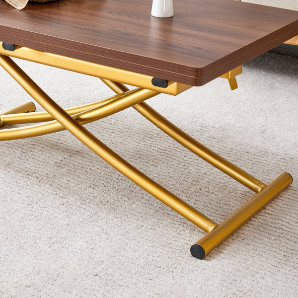 English Elm Table and Chair Set Adjustable Height Mdf Wood Grain Top with Four Linen Dining Chairs Golden+White W1151S03784