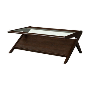 English Elm Wood and Tempered Glass Mid-century Coffee Table with Open Shelf for Living Room B035P408395