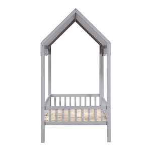 English Elm Gray Finish Canopy Platform Bed Scalloped Fabric Cover Solid Wood Twin Frame Gray B011P463890