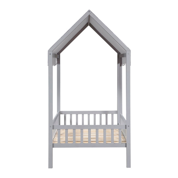 English Elm Gray Finish Canopy Platform Bed Scalloped Fabric Cover Solid Wood Twin Frame Gray B011P463890