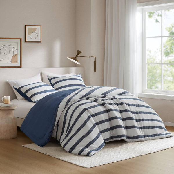 English Elm 3-piece Yarn-dyed Woven Stripe Comforter Set with Seersucker Texture for Full Queen Beds Blue B035P463219