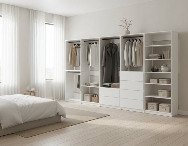 English Elm Prosper White Freestanding Walk-In Wood Closet System with Oak Finish, Durable Melamine Build, Modular Storage Solutions B040S00135