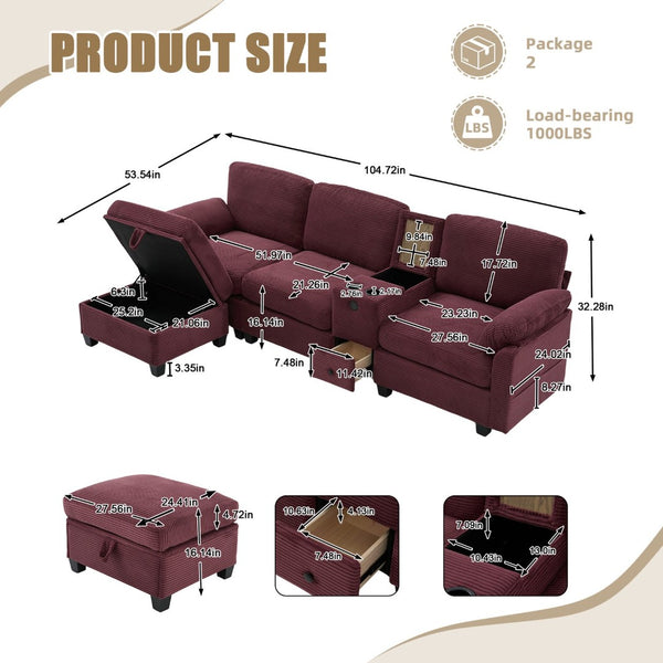 English Elm United L-Shaped Multifunctional Corduroy Sofa: 4-Seater With Usb Ports, Cup Holders & Storage Solutions W1568S00220-GIGA