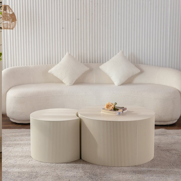 English Elm Round Handcrafted Olive-Shaped Coffee Table with Sturdy MDF Pedestal, Ready-to-Use Living Room Accent Beige+Cream W3081P255150