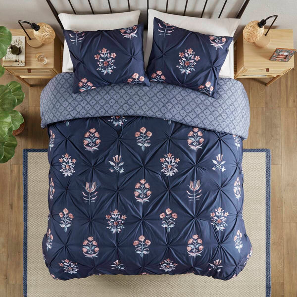 English Elm King/Cal King Floral Pintuck Duvet Cover Set – Navy Microfiber, Modern Farmhouse Elegance, Button Closure & Inner Ties B035P217808