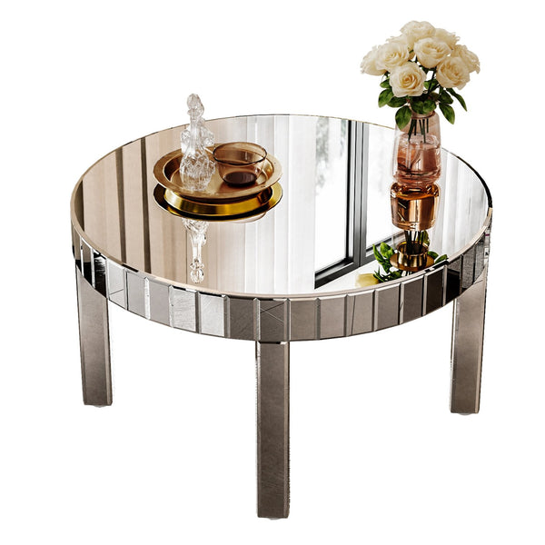 English Elm Dazzling Mirror Round Coffee Table with Fluted Diamond Tiles, 31.5" Luxe Accent Table for Living Room Comfort and Style W1445P299047