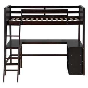 English Elm Twin Loft Bed with Built-in Desk and Open Shelves Solid Pine Kids Study Sleep Espresso LT001537AAP-1