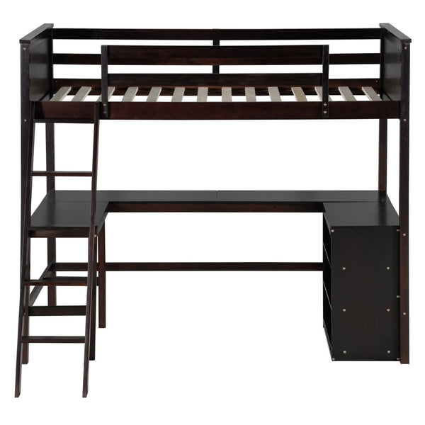 English Elm Twin Loft Bed with Built-in Desk and Open Shelves Solid Pine Kids Study Sleep Espresso LT001537AAP-1