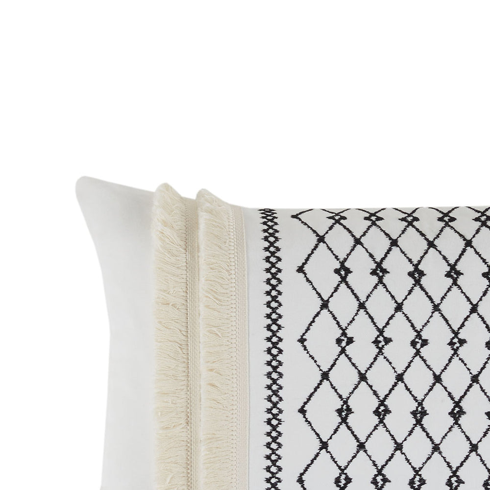 JLA Home INK+IVY - Embroidered Ivory Cotton Oblong Pillow with Geometric Chenille Fringe, Corner Tassels & Hidden Zipper II30-998