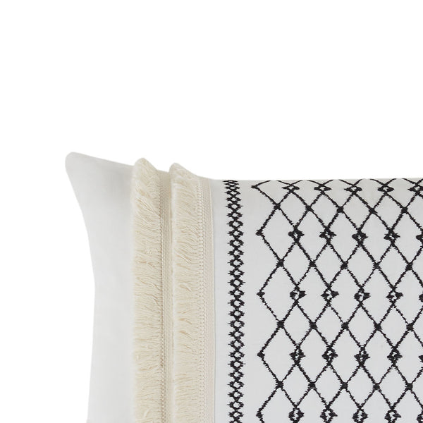 JLA Home INK+IVY - Embroidered Ivory Cotton Oblong Pillow with Geometric Chenille Fringe, Corner Tassels & Hidden Zipper II30-998