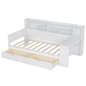 English Elm Wooden Twin Daybed with Built-In Desk, Side Shelves and Dual Drawers for Smart Space Saving Antique White 54.9 L x 18.75 W x 5.6 H N733S241484K