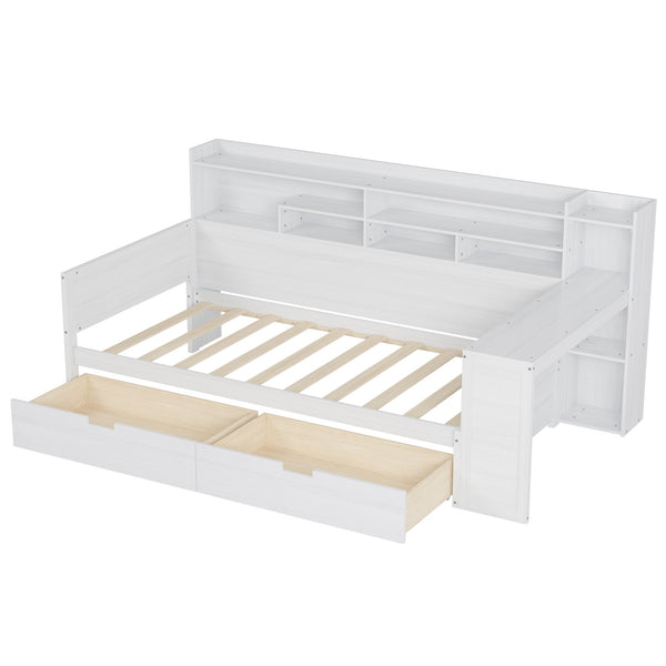 English Elm Wooden Twin Daybed with Built-In Desk, Side Shelves and Dual Drawers for Smart Space Saving Antique White 54.9 L x 18.75 W x 5.6 H N733S241484K