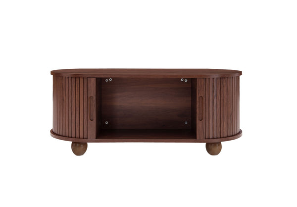 English Elm Coffee Table with Sliding Door Storage Dark Walnut Low Profile Modern Living Room W688P339193