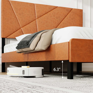 English Elm King metal platform bed frame with vintage brown headboard, 800lb capacity, under-bed storage, no box spring needed W636P294871