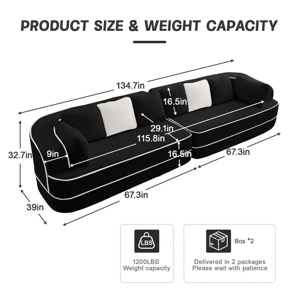 English Elm 135" Plush Teddy Fabric 4-Seat Modular Sofa No Assembly Cloudlike 32D High‑Resilience Comfort Lounge Black W714S01427
