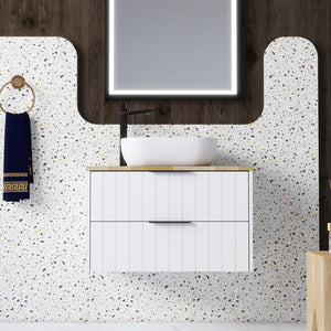 English Elm 32-Inch Wall-Mounted Bathroom Vanity: Modern White Cabinet, Solid Wood Top, Double Drawer Storage W3151S00012