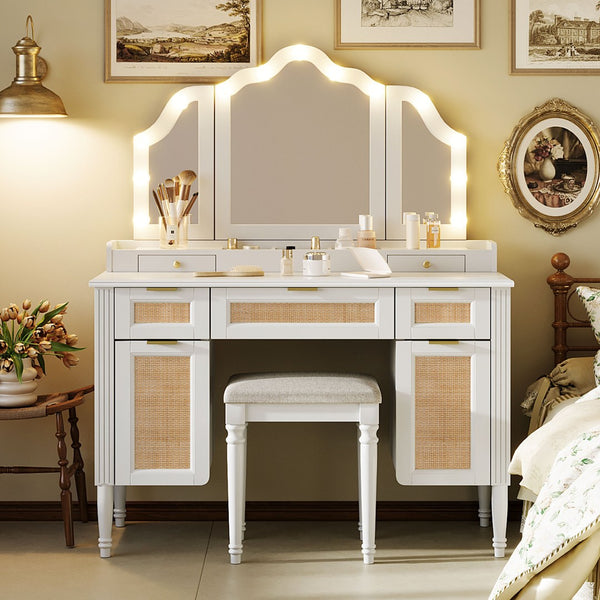 English Elm 44.37 Inch Hollywood Led Vanity Desk Tri-fold Mirror Bamboo Drawers Bedroom White N704P342558K