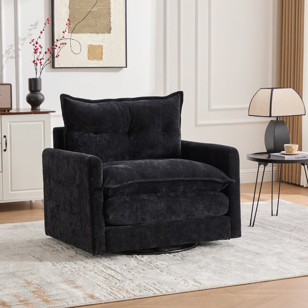 English Elm UNITED Swivel Barrel Chair with Chenille Upholstery, 360° Smooth Rotation, Padded Arm Comfort and Side Pockets for Living Room Relaxation Black W1568P290088