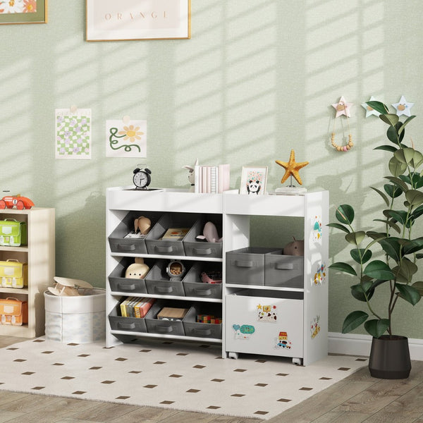 English Elm Qaba Kids Toy Organizer with 11 Fabric Bins Open Shelves and Cabinet in White W2225P485641