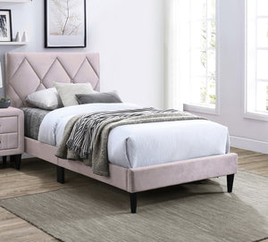 English Elm Twin Velvet Upholstered Bed with Adjustable Headboard, Diamond Tufted Design & 12-Slat Support System Light Pink 46 L x 29 W x 6 H B011P190166
