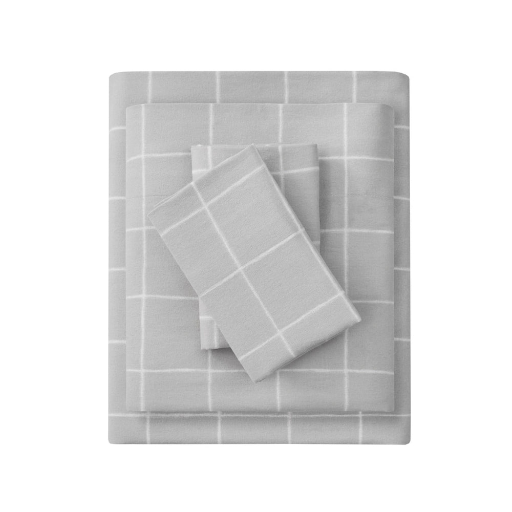 JLA Home Beautyrest - 4 Premium Cotton Flannel Sheet Set Oversized Fit, Brushed Softness, OEKO-TEX Certified Warmth for Winter Bedding Grey Windowpane BR20-1853