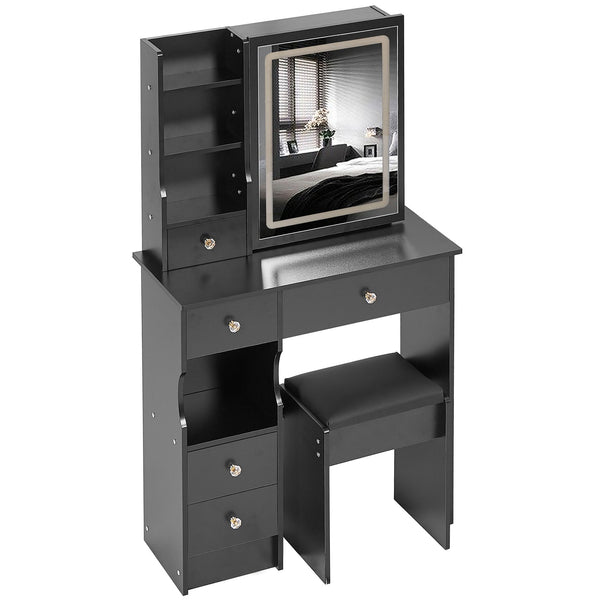 English Elm 29.2" Compact Left Drawer Vanity Table With Cushioned Stool, Touch Control Led Mirror & Storage Solution W936P202449
